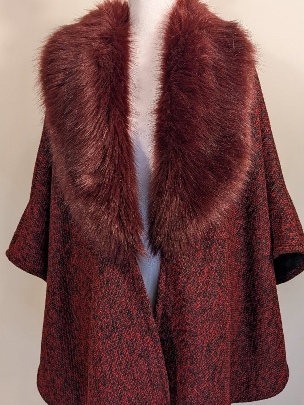 Dramatic Faux Fur Collar | Luxe Red/Burgundy Cape Statement Outerwear | One Size